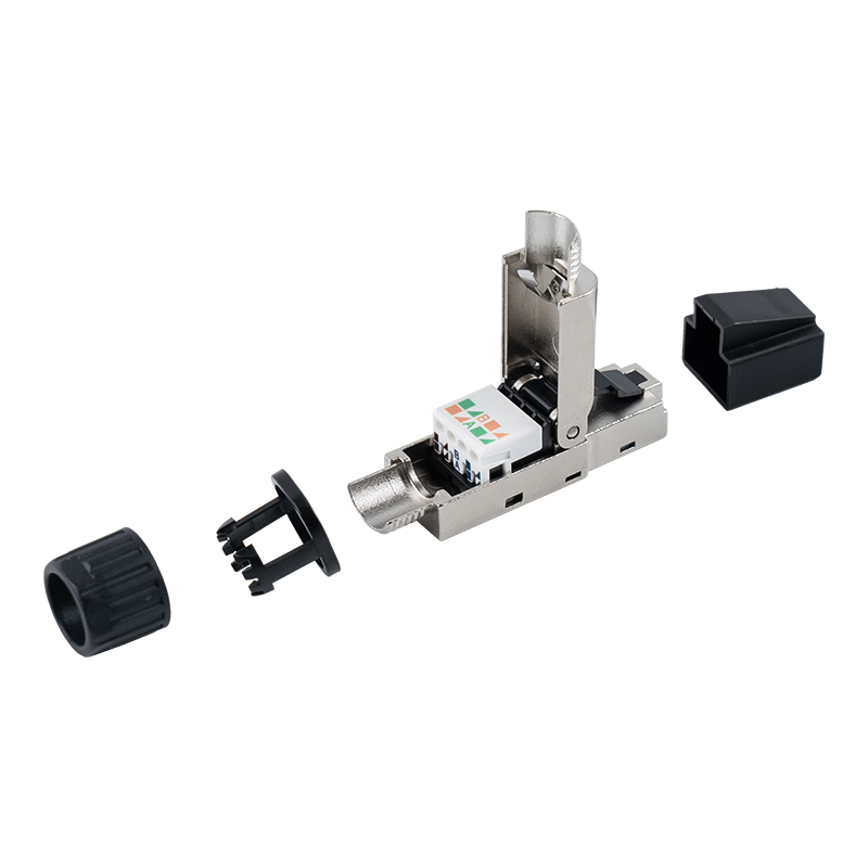 Cat7 Shielded Toolless RJ45 Connector (with plastic caps on the head and plastic nuts on the tail) RJ-G50S-2-C7